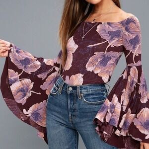 Free People Birds of Paradise Top Womens L Purple Off Shoulder Bell Sleeve Boho